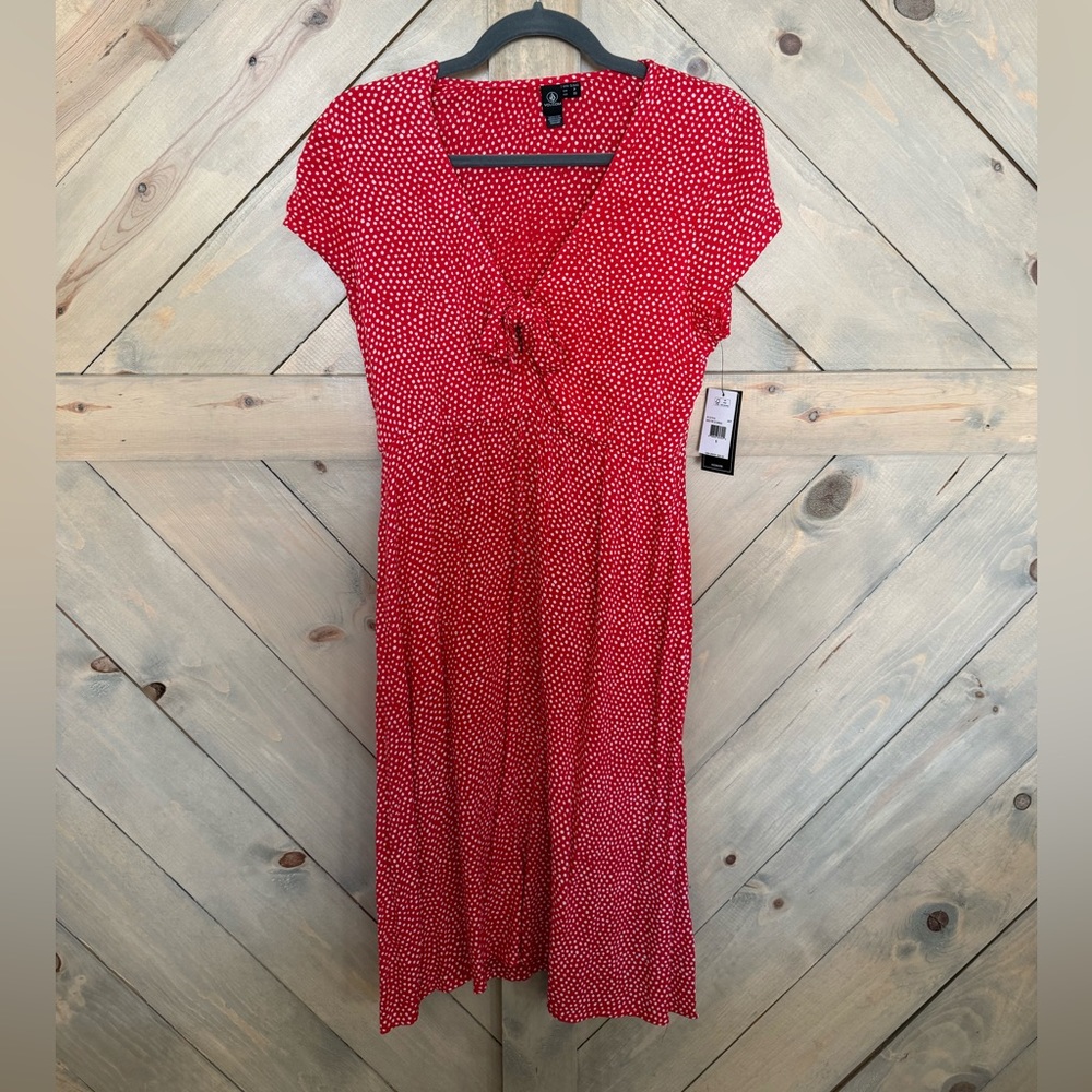 Volcom red polka dot tie front dress size S